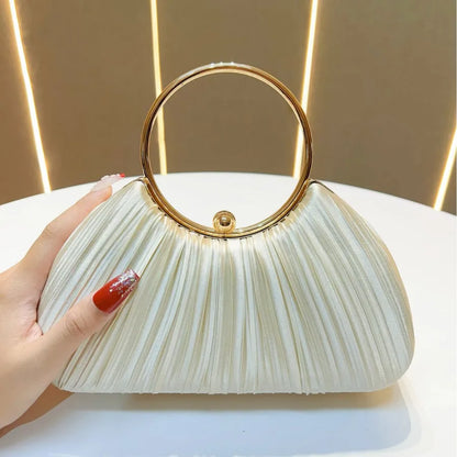New Women's Handbag Pleated Evening Bag Party Dress Ball Gown Ring KTV Princess Socialite Bag Shell Shape Polyester Material