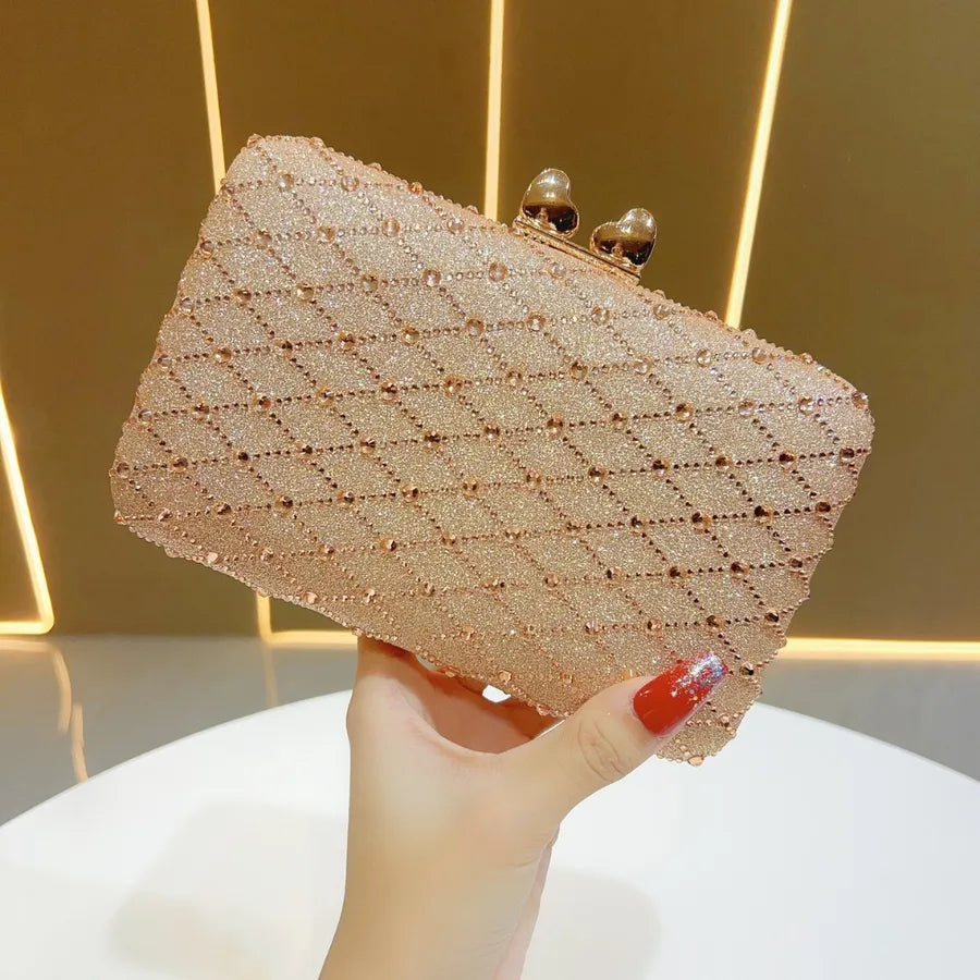 Fashionable Full Diamond Handbag Shoulder Dinner Bag For Women Square Polyester Bag With Chain Elegant Lady Clutch Purse
