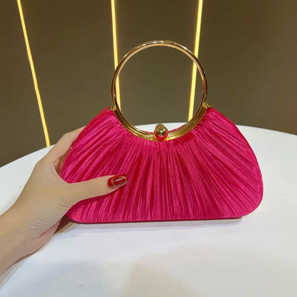 New Women's Handbag Pleated Evening Bag Party Dress Ball Gown Ring KTV Princess Socialite Bag Shell Shape Polyester Material