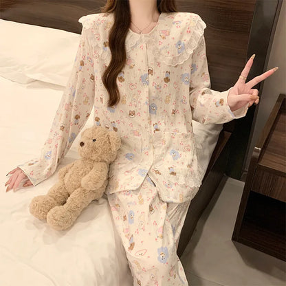 Cloud Cotton Long Sleeve Sleepwear Women's Spring Autumn Style Cute Doll Collar Home Clothes Breathable Casual Sleepwear