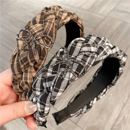 Comfortable Women's Hairband Twist Braid Design Vintage Style Black White Checkered With Water Diamond Butterfly Knot Top Accessory