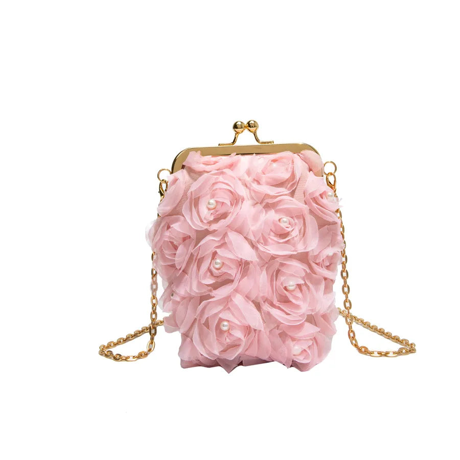 Sweet Floral Embellished Clutch Shoulder Bag For Women Fashionable Mini Square Bag Trendy Buckle Closure Fresh Style Handbag