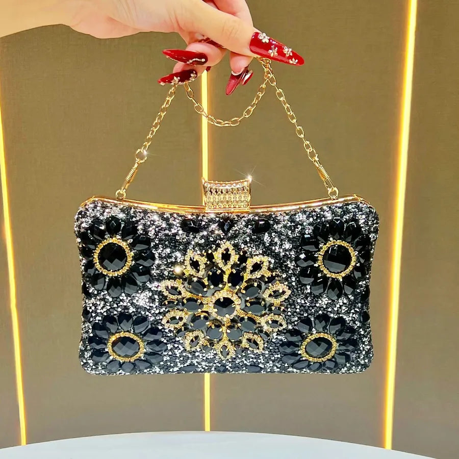 New Elegant Diamond Embedded Evening Bag Women's Handbag Single Shoulder Crossbody Bag Flag Dress Clutch Chain Handbag