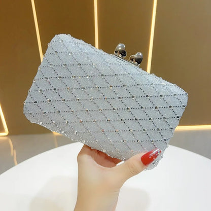 Fashionable Full Diamond Handbag Shoulder Dinner Bag For Women Square Polyester Bag With Chain Elegant Lady Clutch Purse