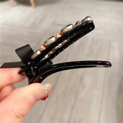 Elegant Satin Ribbon Butterfly Knot Duckbill Hair Clip Diamond Studded Hairpin Women's Fashion Side Hair Accessory Hair Claw