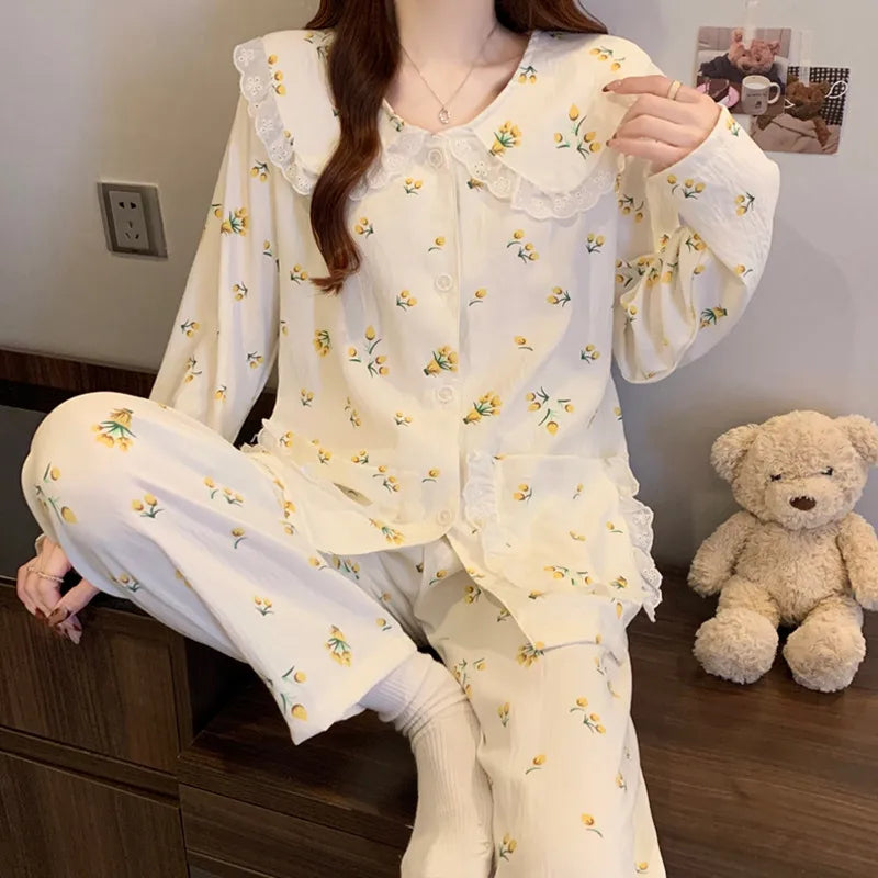 Cloud Cotton Long Sleeve Sleepwear Women's Spring Autumn Style Cute Doll Collar Home Clothes Breathable Casual Sleepwear