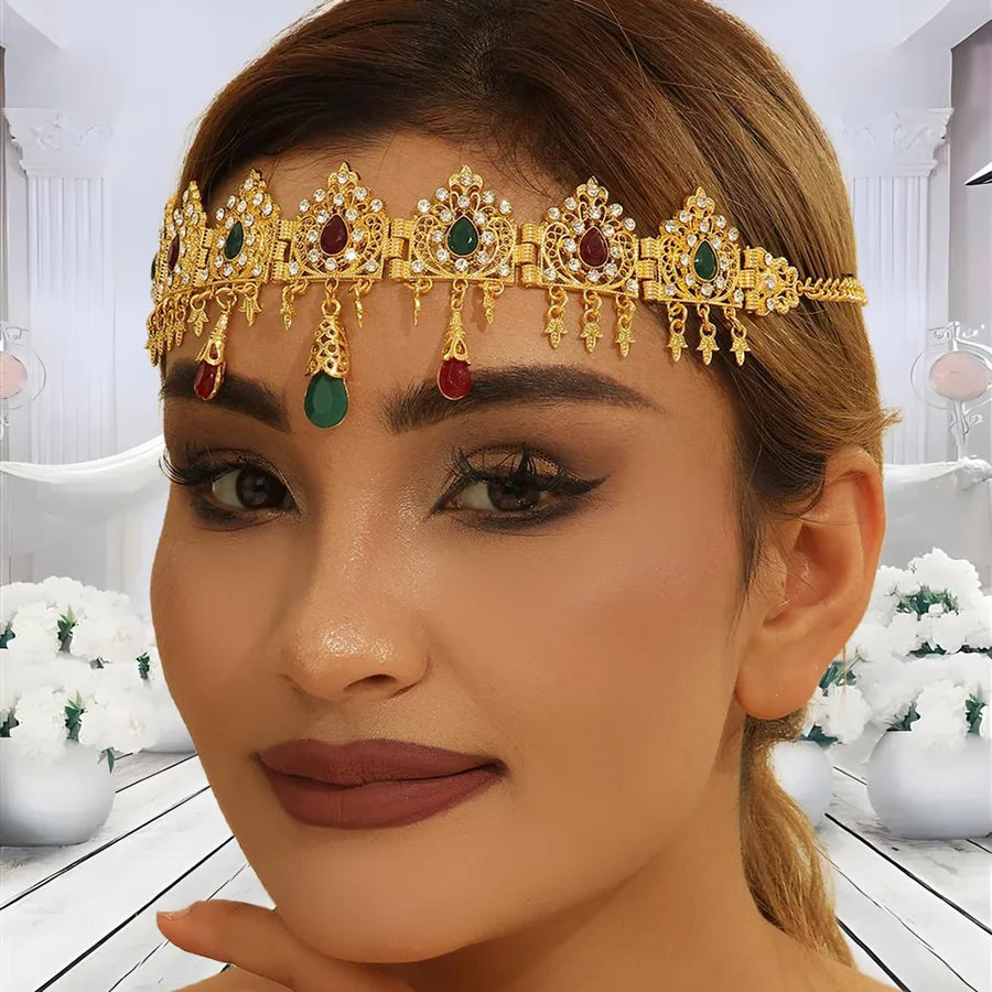 Gold Plated Crystal Embedded Waterdrop Shaped Hairband Arabic Wedding Headwear Women's Original Design Crown Hair Accessory