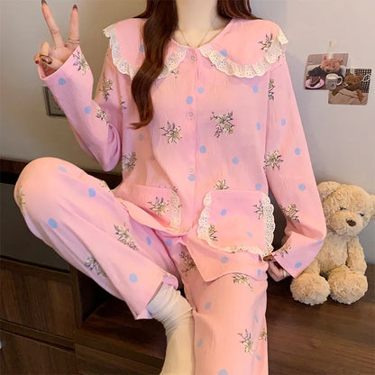 Cloud Cotton Long Sleeve Sleepwear Women's Spring Autumn Style Cute Doll Collar Home Clothes Breathable Casual Sleepwear