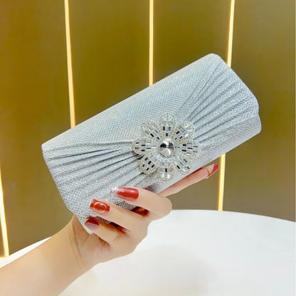 Elegant Evening Bag For Women Diamond Embedded Flower Design Chain Handbag Square Shape Polyester Material Fashionable Trend