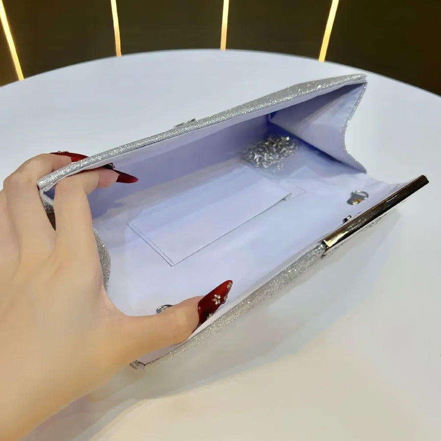 Shiny Evening Bag Clutch Chain Shoulder Bag Luxury Fashionable Polyester Square Envelope Bag Folded Edge Design For Banquet