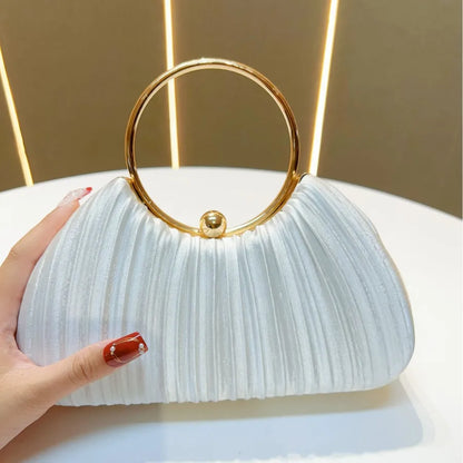 New Women's Handbag Pleated Evening Bag Party Dress Ball Gown Ring KTV Princess Socialite Bag Shell Shape Polyester Material