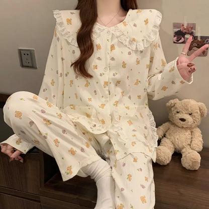 Cloud Cotton Long Sleeve Sleepwear Women's Spring Autumn Style Cute Doll Collar Home Clothes Breathable Casual Sleepwear