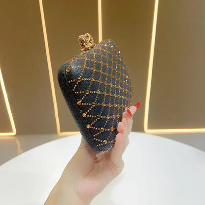 Fashionable Full Diamond Handbag Shoulder Dinner Bag For Women Square Polyester Bag With Chain Elegant Lady Clutch Purse