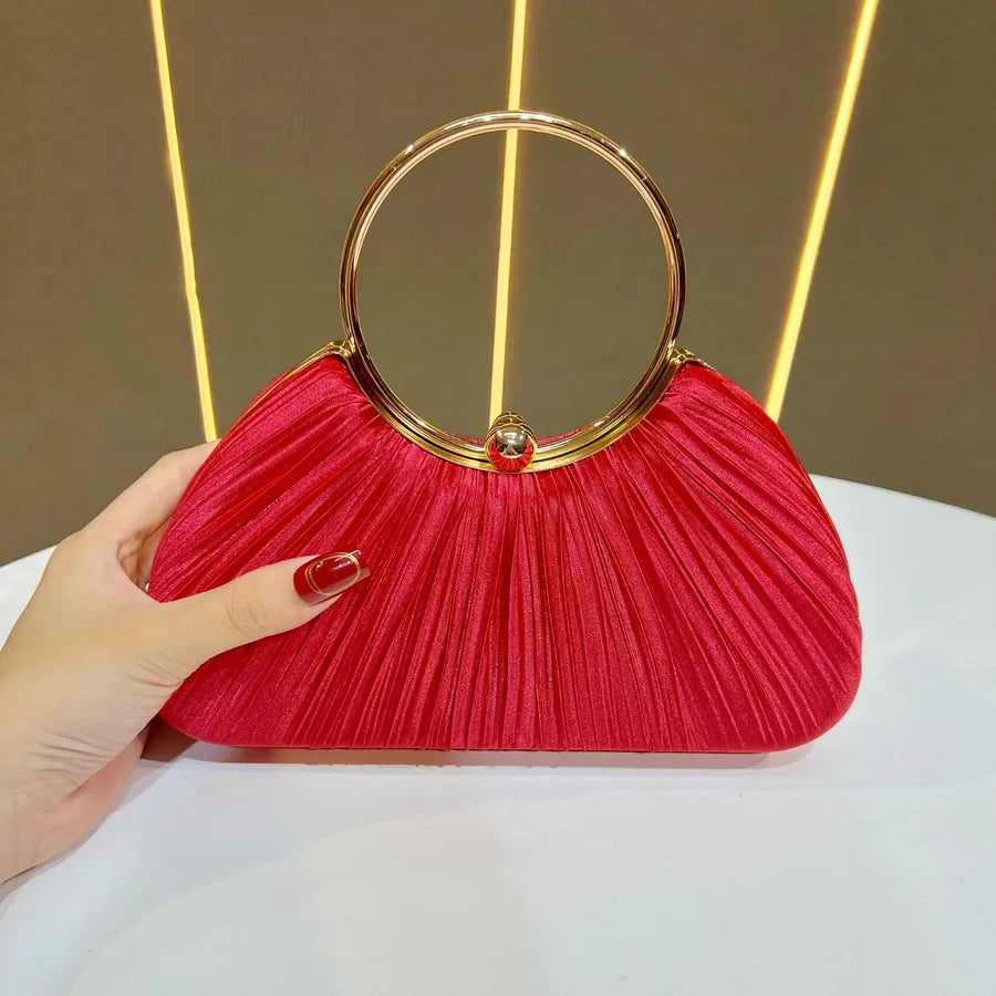New Women's Handbag Pleated Evening Bag Party Dress Ball Gown Ring KTV Princess Socialite Bag Shell Shape Polyester Material