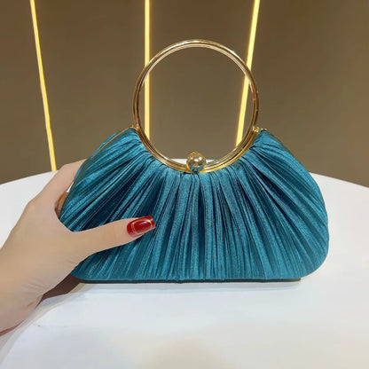 New Women's Handbag Pleated Evening Bag Party Dress Ball Gown Ring KTV Princess Socialite Bag Shell Shape Polyester Material