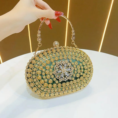 Elegant Evening Clutch Bag With Diamond Embellishments For Women Handbag Fashionable Chain Detail Polyester Oval Shell Bag