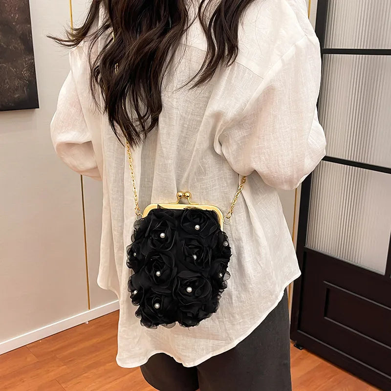 Sweet Floral Embellished Clutch Shoulder Bag For Women Fashionable Mini Square Bag Trendy Buckle Closure Fresh Style Handbag