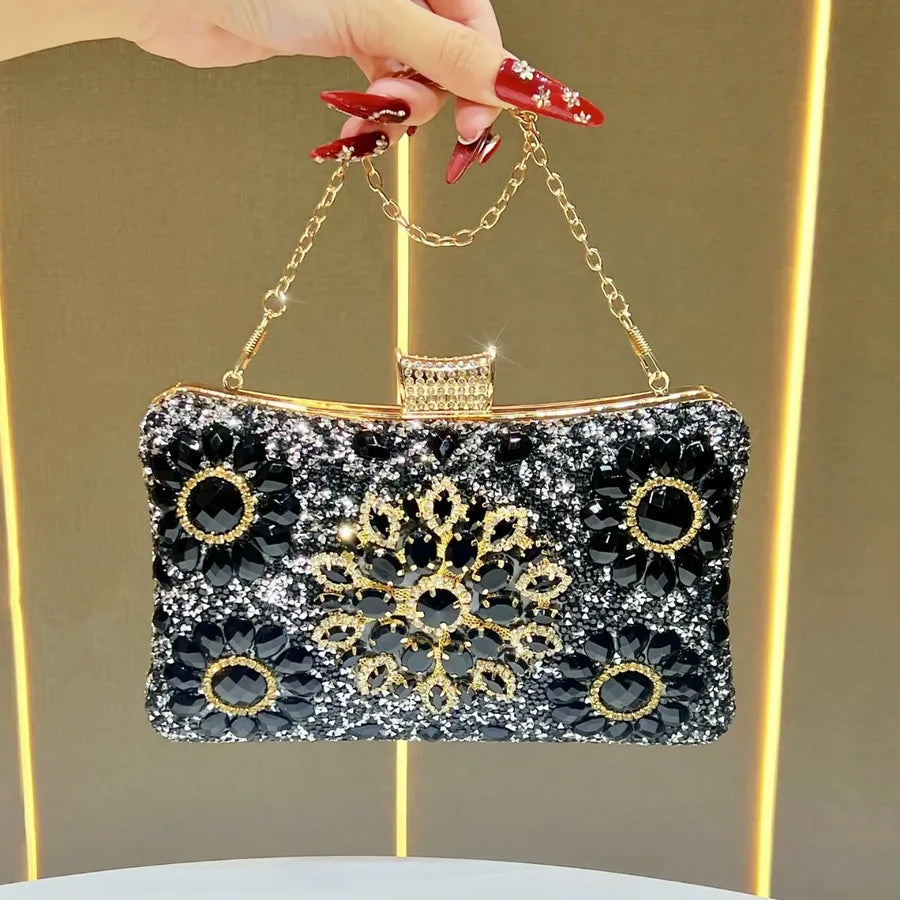New Elegant Diamond Embedded Evening Bag Women's Handbag Single Shoulder Crossbody Bag Flag Dress Clutch Chain Handbag
