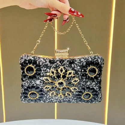 New Elegant Diamond Embedded Evening Bag Women's Handbag Single Shoulder Crossbody Bag Flag Dress Clutch Chain Handbag