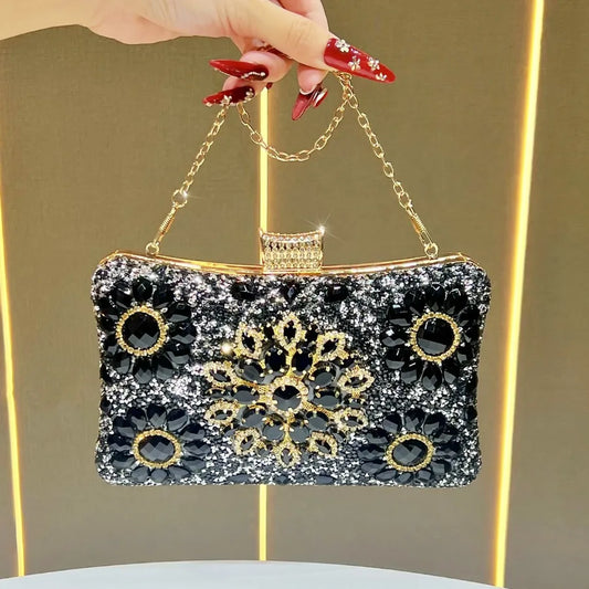 New Elegant Diamond Embedded Evening Bag Women's Handbag Single Shoulder Crossbody Bag Flag Dress Clutch Chain Handbag