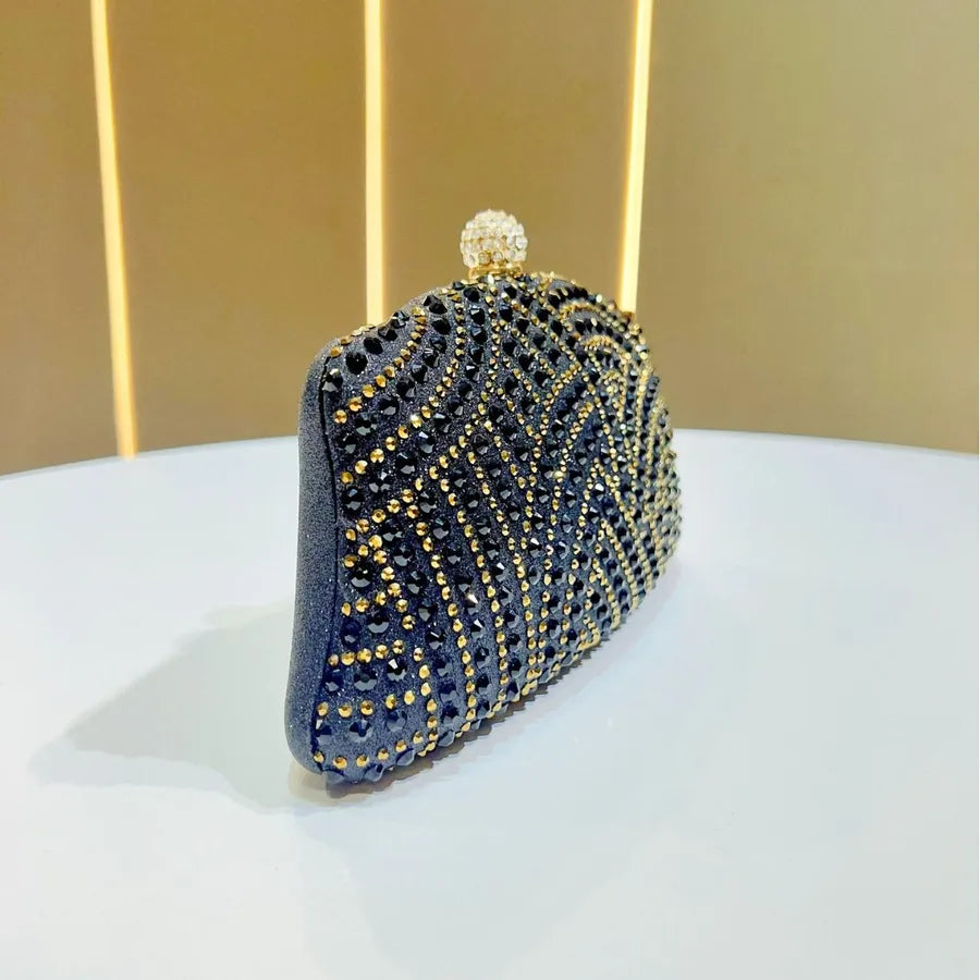 Elegant Shiny Rhinestone Evening Bag Women's Clutch Handbag Fashionable Matched Dress Bag Square Polyester Box Shape Chain