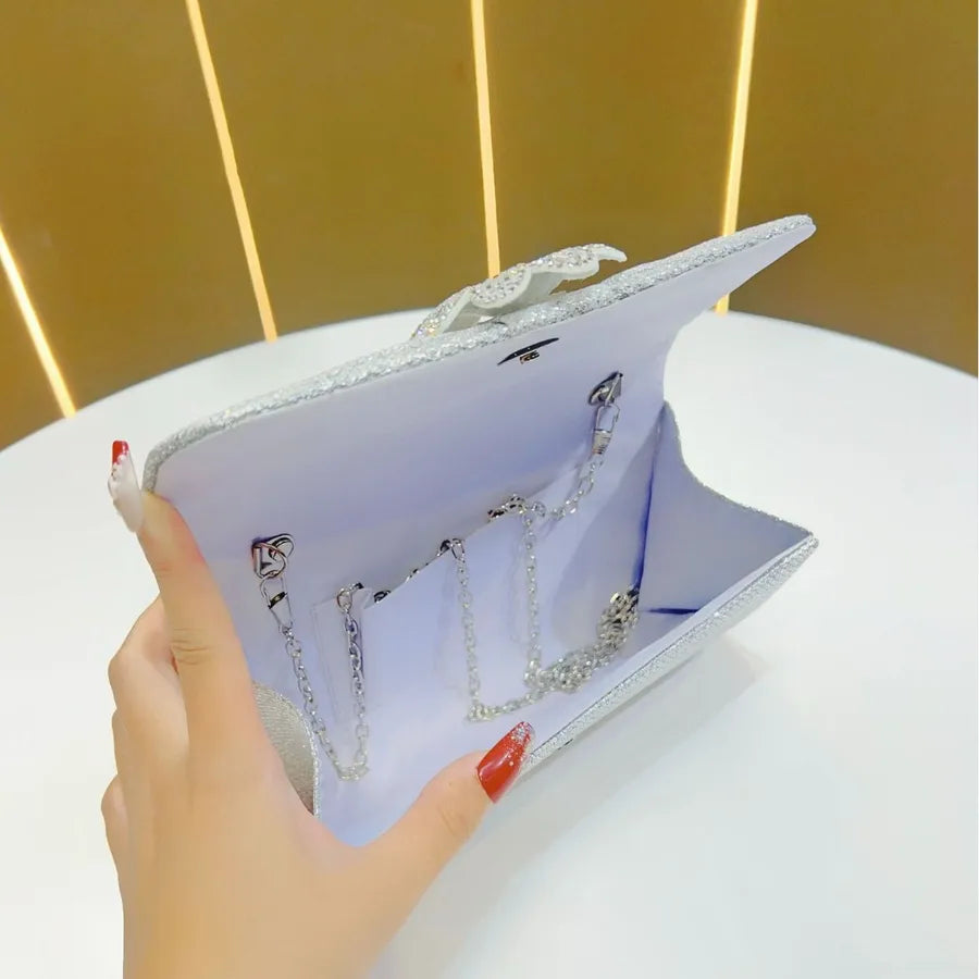 Elegant Evening Bag For Women Diamond Embedded Flower Design Chain Handbag Square Shape Polyester Material Fashionable Trend