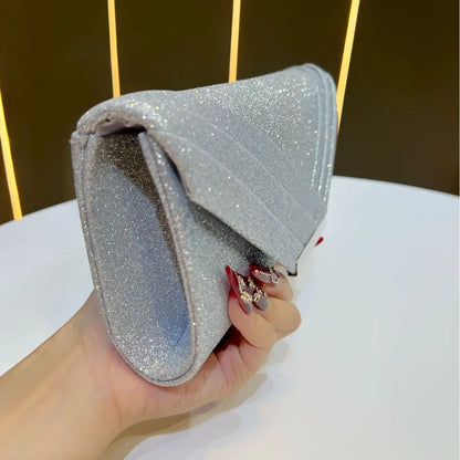 Shiny Evening Bag Clutch Chain Shoulder Bag Luxury Fashionable Polyester Square Envelope Bag Folded Edge Design For Banquet