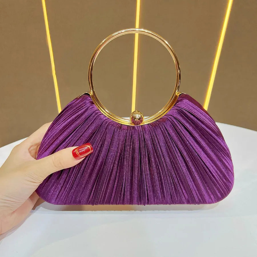 New Women's Handbag Pleated Evening Bag Party Dress Ball Gown Ring KTV Princess Socialite Bag Shell Shape Polyester Material
