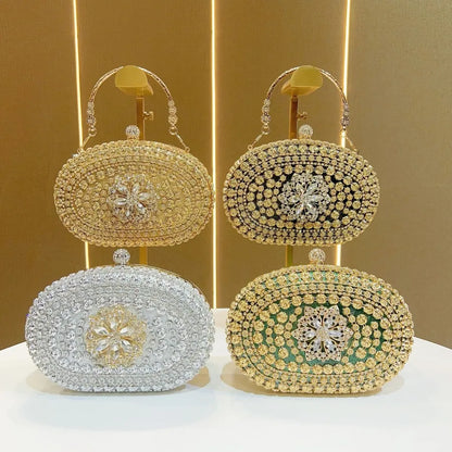Elegant Evening Clutch Bag With Diamond Embellishments For Women Handbag Fashionable Chain Detail Polyester Oval Shell Bag