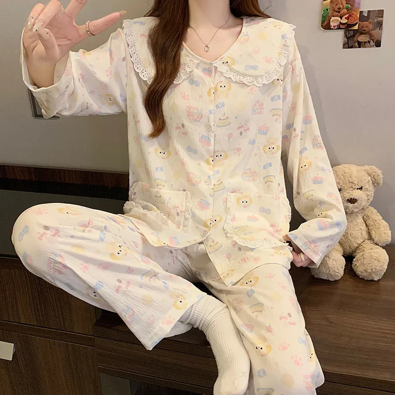 Cloud Cotton Long Sleeve Sleepwear Women's Spring Autumn Style Cute Doll Collar Home Clothes Breathable Casual Sleepwear