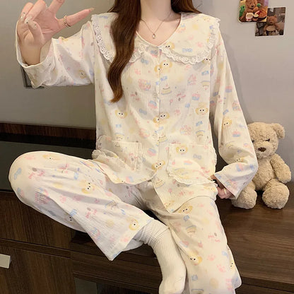 Cloud Cotton Long Sleeve Sleepwear Women's Spring Autumn Style Cute Doll Collar Home Clothes Breathable Casual Sleepwear