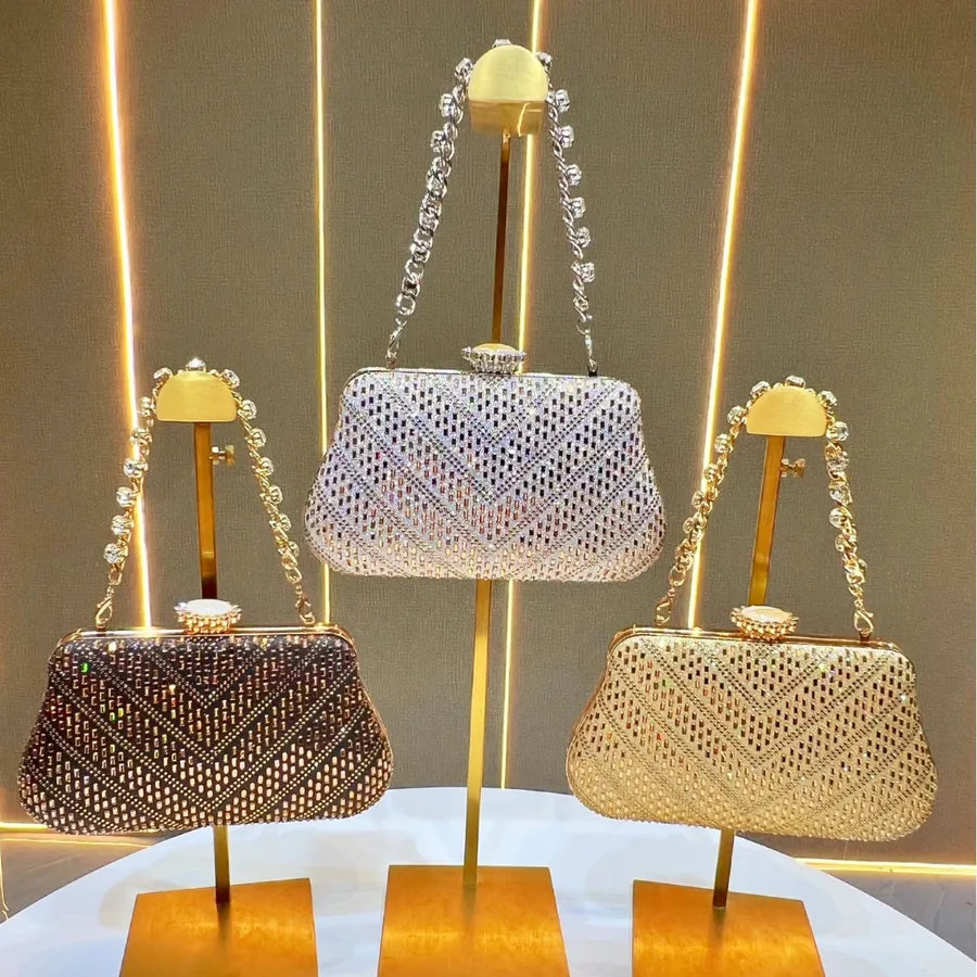 New Women's Party Evening Bag Luxury Diamond Embedded Handbag Single Shoulder Bag Handheld Bag Clutch Bag Polyester Pillow Shape