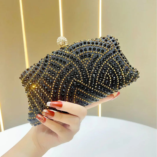 Elegant Shiny Rhinestone Evening Bag Women's Clutch Handbag Fashionable Matched Dress Bag Square Polyester Box Shape Chain