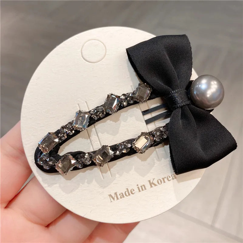 Elegant Sweet Fabric Butterfly Knot Hair Clip Crystal Embellished Side Ponytail Holder Luxury Style Women's Hair Accessories