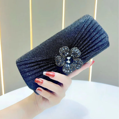 Elegant Evening Bag For Women Diamond Embedded Flower Design Chain Handbag Square Shape Polyester Material Fashionable Trend