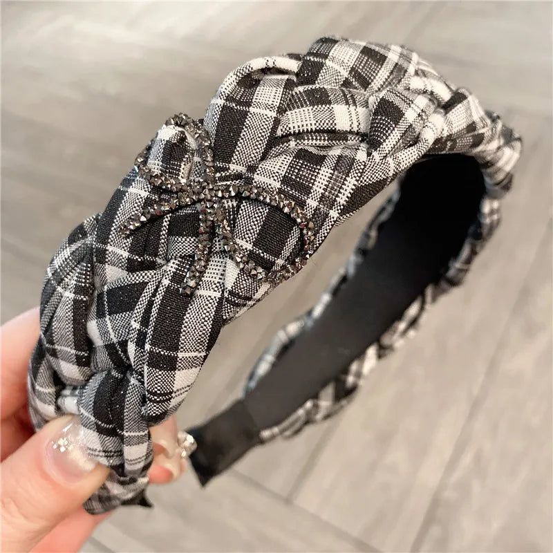 Comfortable Women's Hairband Twist Braid Design Vintage Style Black White Checkered With Water Diamond Butterfly Knot Top Accessory