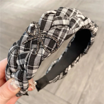 Comfortable Women's Hairband Twist Braid Design Vintage Style Black White Checkered With Water Diamond Butterfly Knot Top Accessory