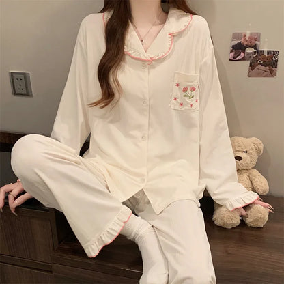 Tulip Floral Cotton Like Sleepwear Women's Long Sleeve Home Clothes Set Sweet Lace Design Comfortable Breathable All Seasons