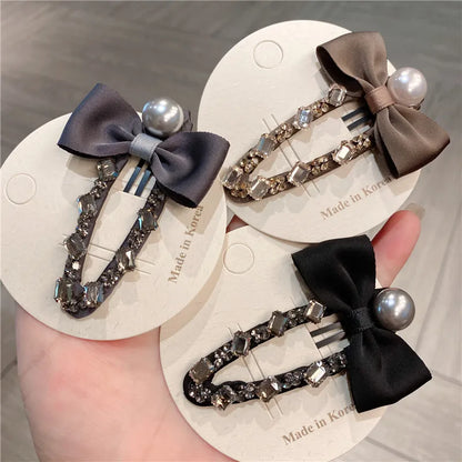 Elegant Sweet Fabric Butterfly Knot Hair Clip Crystal Embellished Side Ponytail Holder Luxury Style Women's Hair Accessories
