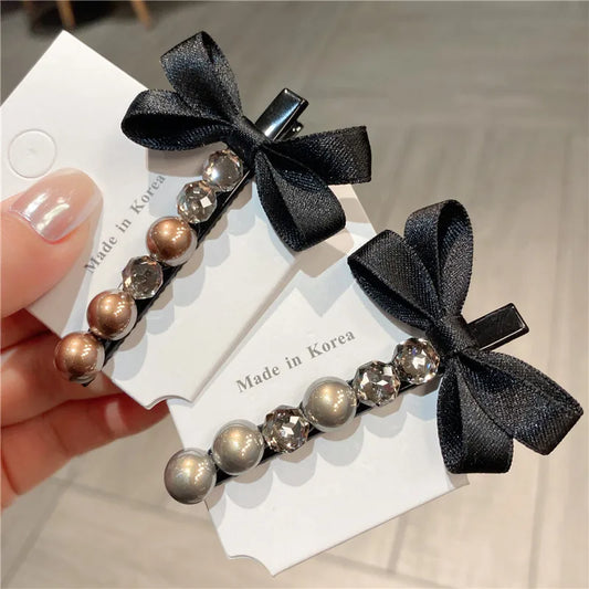 Elegant Pearl Fabric Hair Clip With Water Diamond Butterfly Knot Side Duckbill Hair Clip For Bangs Women's Chic Hair Accessories