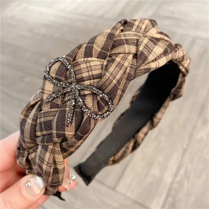 Comfortable Women's Hairband Twist Braid Design Vintage Style Black White Checkered With Water Diamond Butterfly Knot Top Accessory