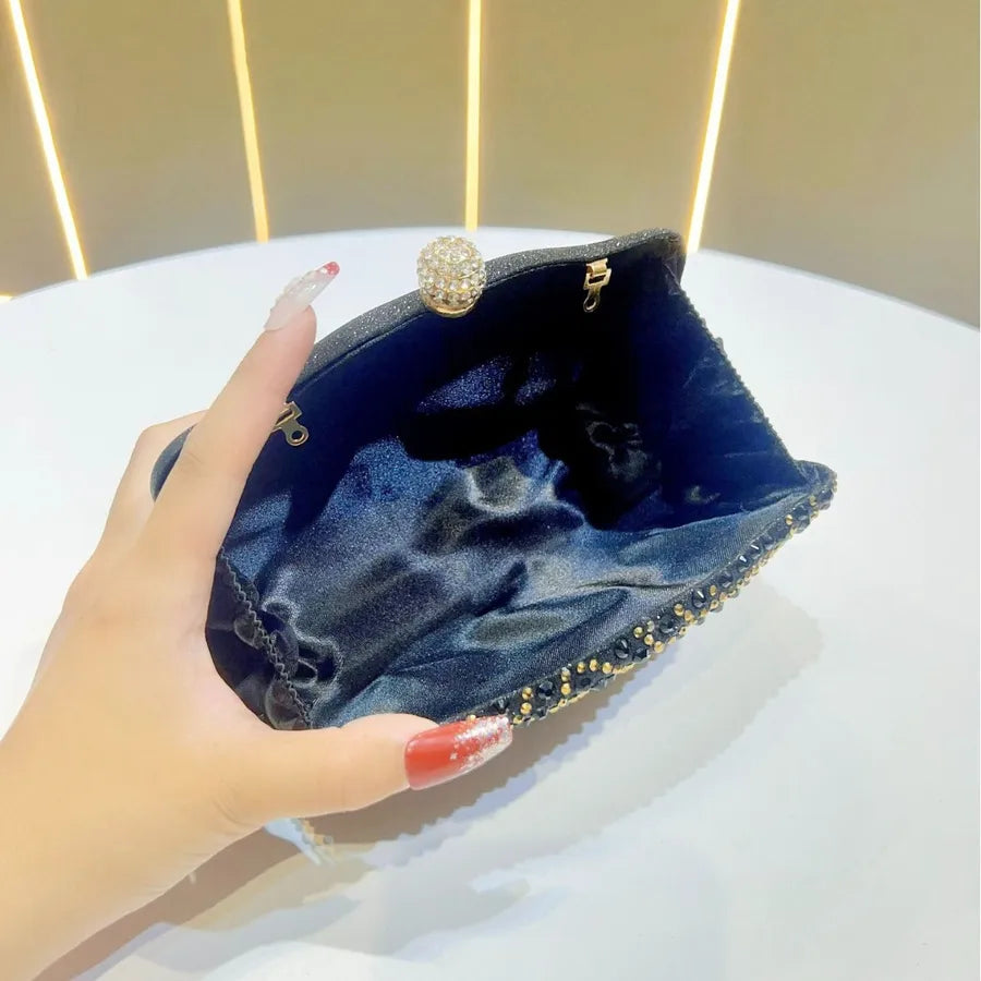 Elegant Shiny Rhinestone Evening Bag Women's Clutch Handbag Fashionable Matched Dress Bag Square Polyester Box Shape Chain