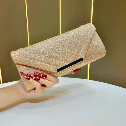 Shiny Evening Bag Clutch Chain Shoulder Bag Luxury Fashionable Polyester Square Envelope Bag Folded Edge Design For Banquet
