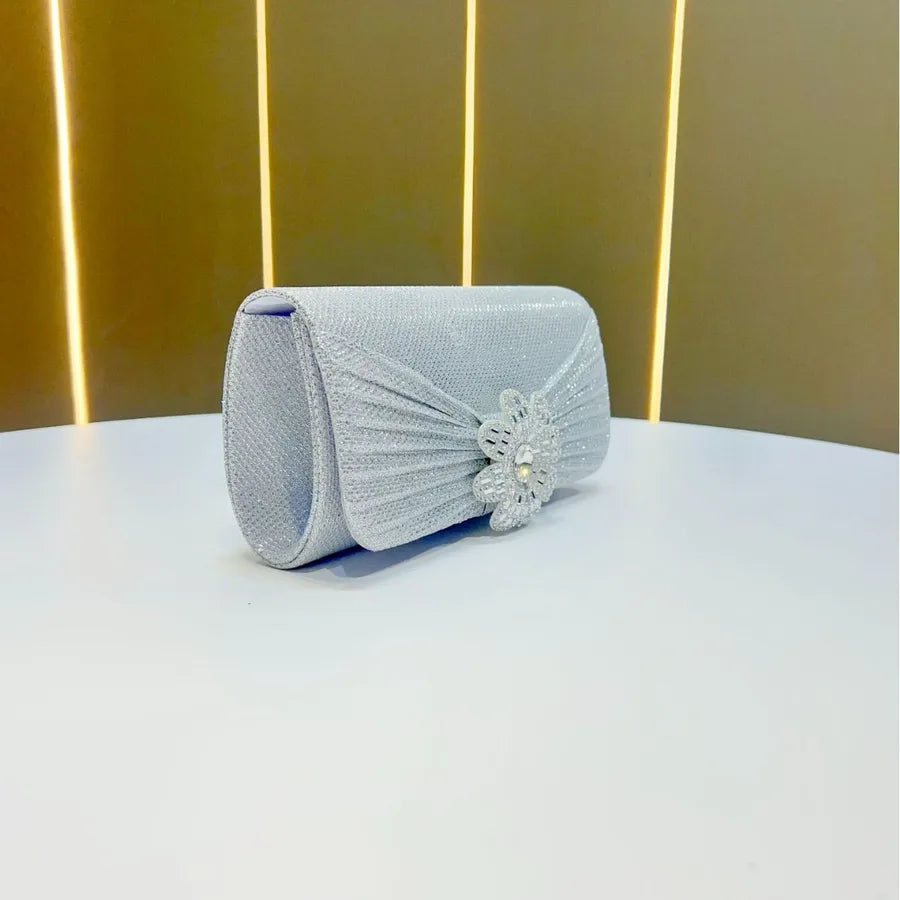 Elegant Evening Bag For Women Diamond Embedded Flower Design Chain Handbag Square Shape Polyester Material Fashionable Trend