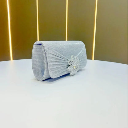 Elegant Evening Bag For Women Diamond Embedded Flower Design Chain Handbag Square Shape Polyester Material Fashionable Trend
