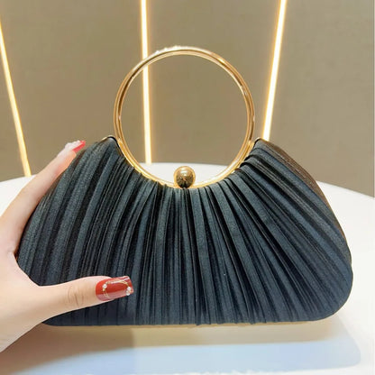 New Women's Handbag Pleated Evening Bag Party Dress Ball Gown Ring KTV Princess Socialite Bag Shell Shape Polyester Material
