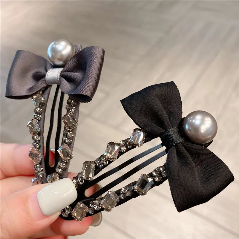 Elegant Sweet Fabric Butterfly Knot Hair Clip Crystal Embellished Side Ponytail Holder Luxury Style Women's Hair Accessories