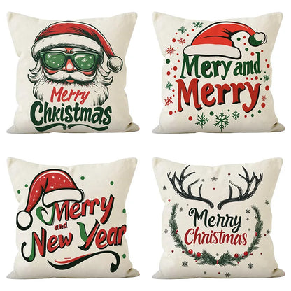 Christmas Linen Pillowcase Santa Claus Print Living Room Sofa Cushion Cover Festival Pillowcase Home Decorative Accessories