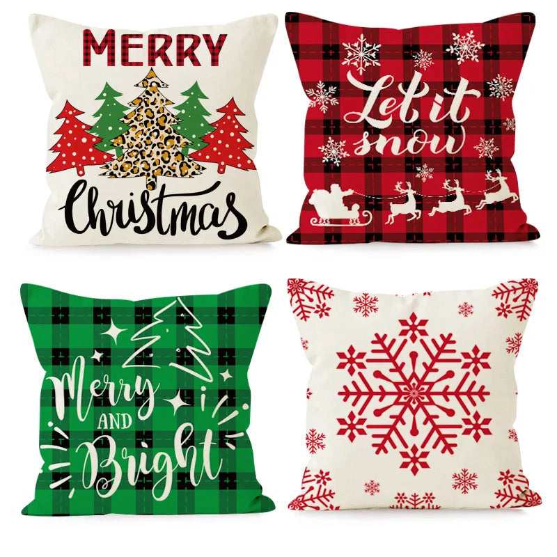 New Christmas Plaid Linen Pillowcase Snowflake Letter Print Home Sofa Cushion Cover Festive Letter Pattern Christmas Decor