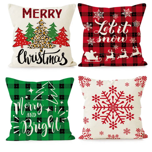 New Christmas Plaid Linen Pillowcase Snowflake Letter Print Home Sofa Cushion Cover Festive Letter Pattern Christmas Decor